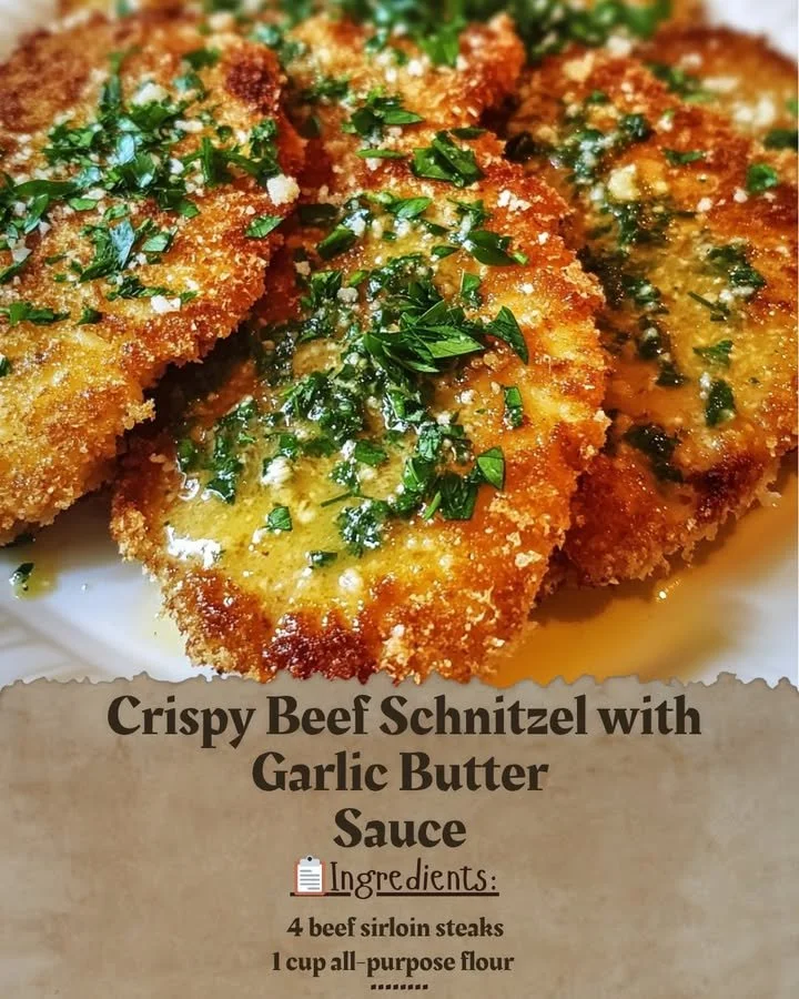 Crispy beef schnitzel drizzled with garlic butter sauce on a plate.