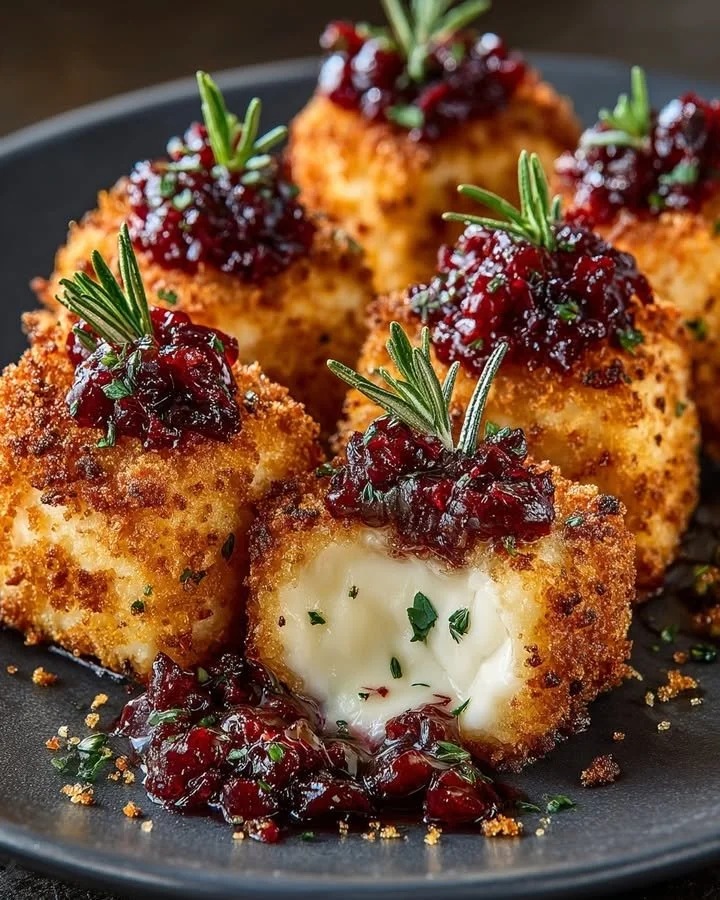Golden crispy brie bombs with a vibrant cranberry explosion filling