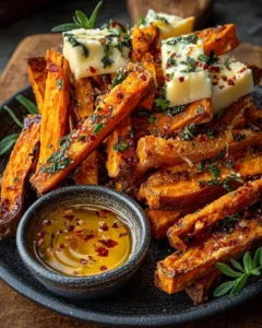 Crispy brie-stuffed sweet potato fries with hot honey dip served on a plate