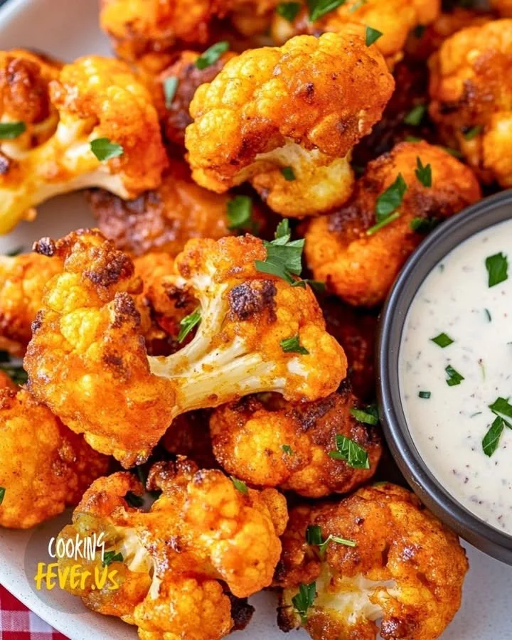 Plate of crispy cauliflower bites served with dipping sauce