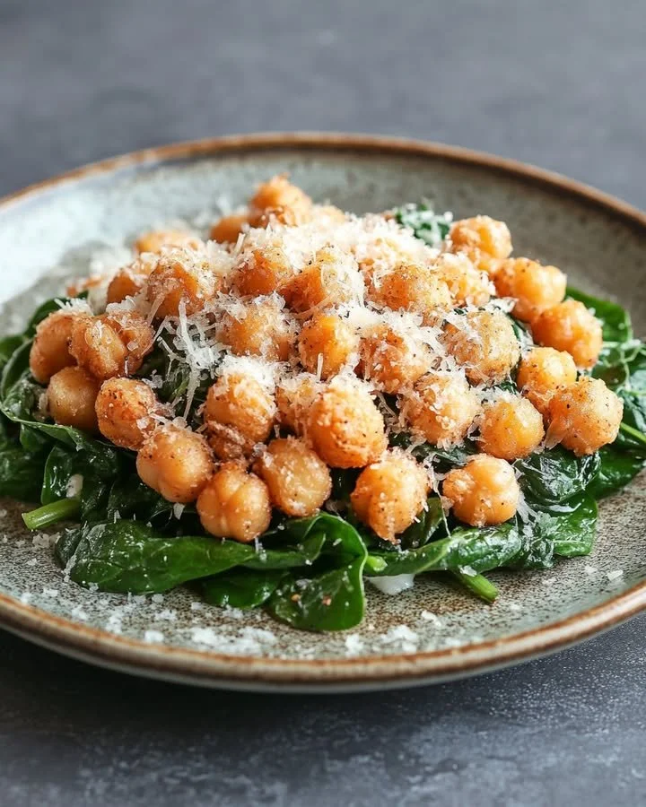 Crispy Cheddar Chickpeas with Spinach and Lemon Drizzle on a plate