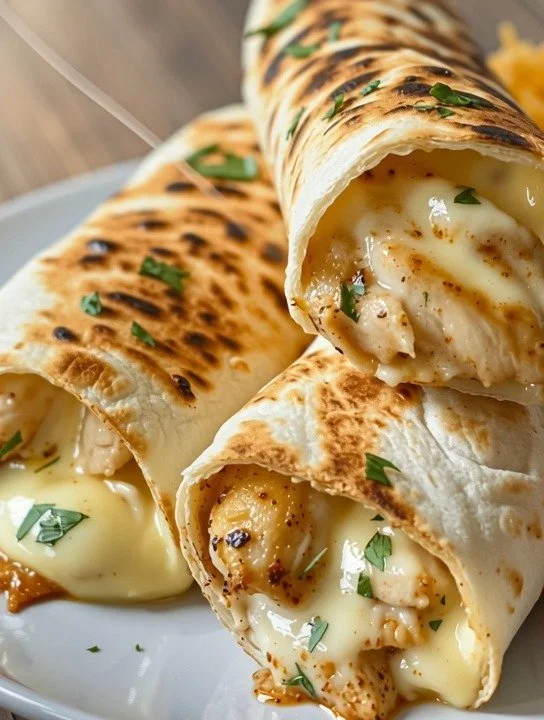 Crispy Cheesy Garlic Chicken Wraps served with dipping sauce on a plate