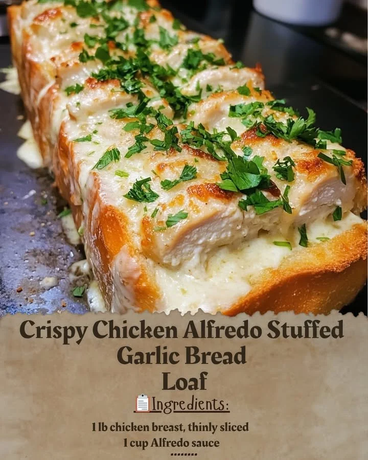Crispy Chicken Alfredo stuffed garlic bread loaf served with herbs.