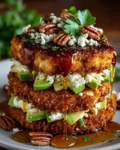 Crispy Chicken & Avocado Tower topped with hot honey drizzle