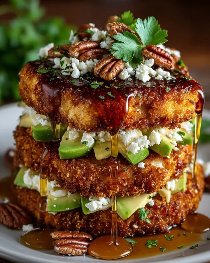 Crispy Chicken & Avocado Tower topped with hot honey drizzle
