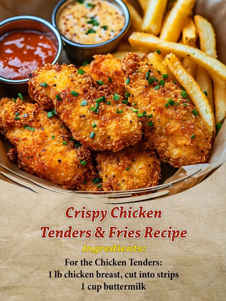 Plate of crispy chicken tenders served with golden fries