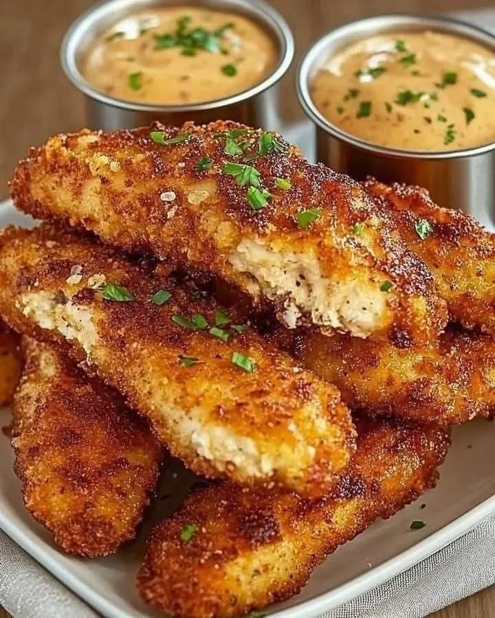 Plate of crispy chicken tenders with various dipping sauces.