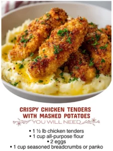 Delicious crispy chicken tenders served with fluffy mashed potatoes on a plate.