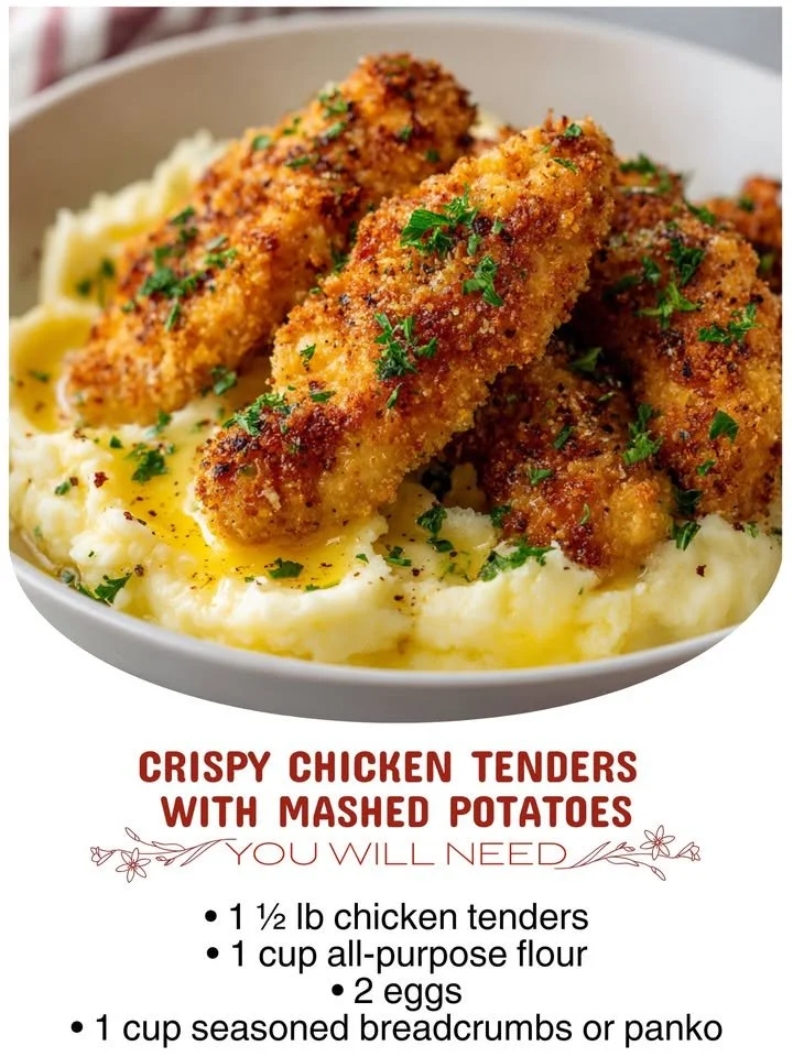 Delicious crispy chicken tenders served with fluffy mashed potatoes on a plate.