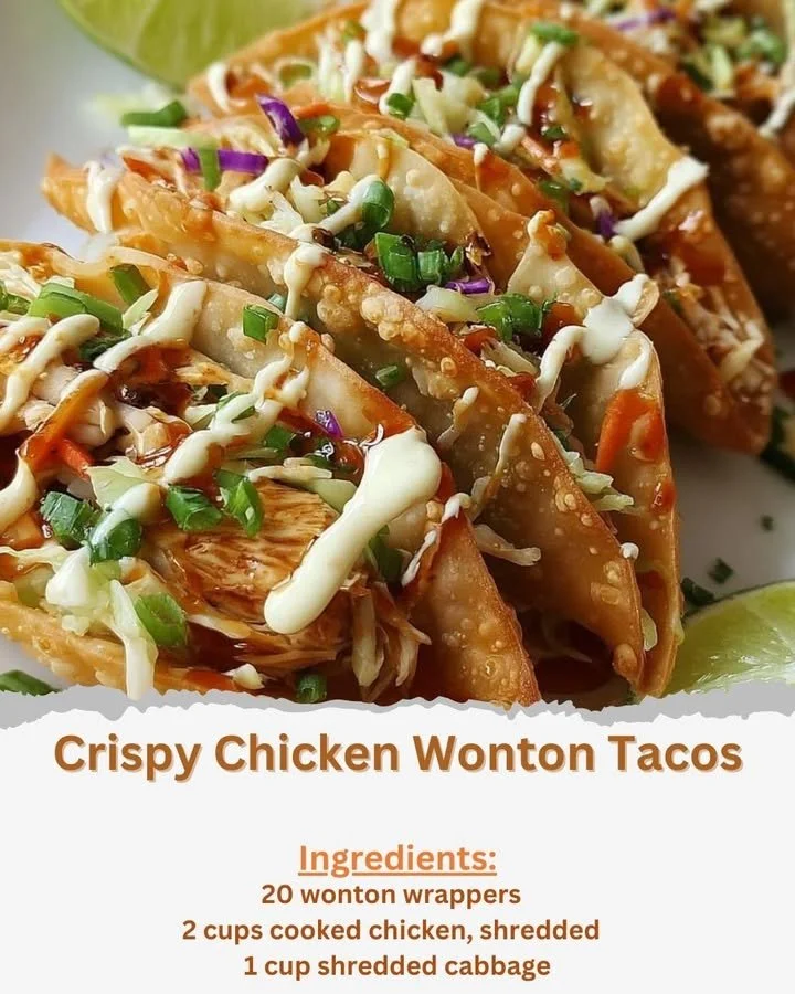Crispy chicken wonton tacos served on a plate with fresh toppings.