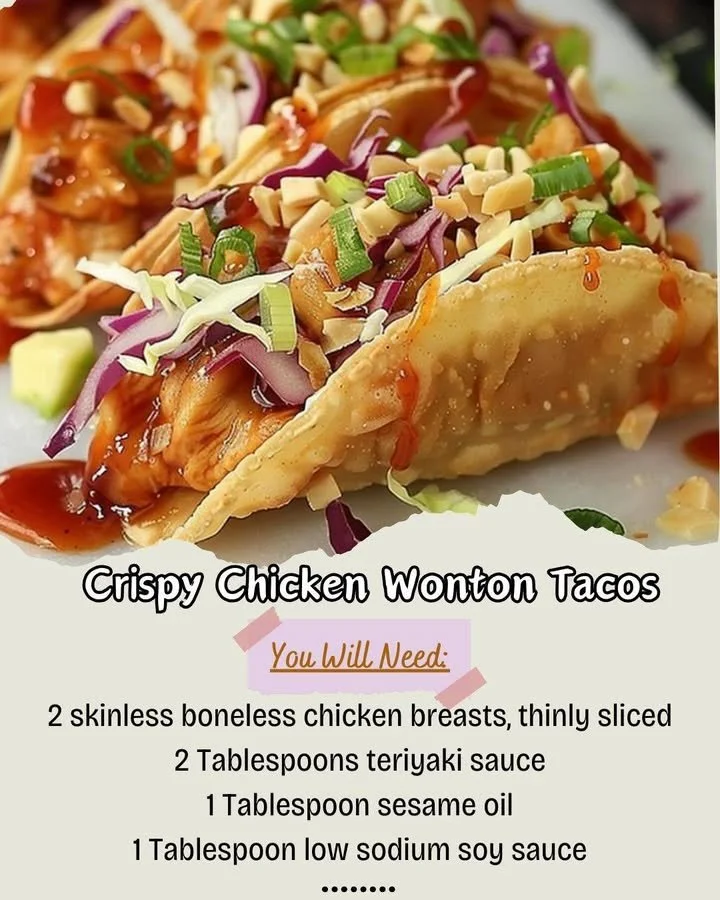 Crispy chicken wonton tacos filled with fresh ingredients and served on a plate.