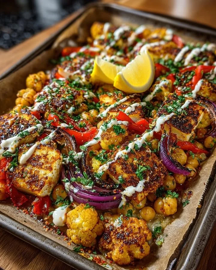Crispy Chickpea Halloumi sheet pan with tahini-yogurt drizzle