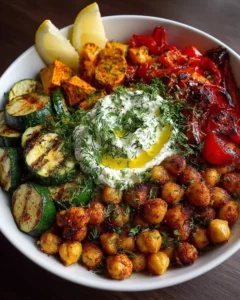Crispy chickpea and roasted veggie power bowl with whipped feta and lemon-herb oil