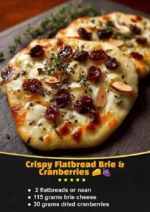Crispy flatbread brie with cranberries on a wooden serving board