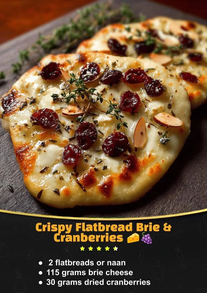 Crispy flatbread brie with cranberries on a wooden serving board