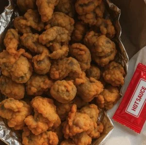 Crispy fried chicken gizzards served on a plate with dipping sauce.