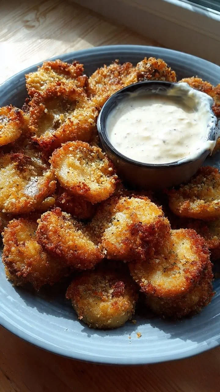 Plate of crispy fried mushrooms with a side of Cool Ranch dip