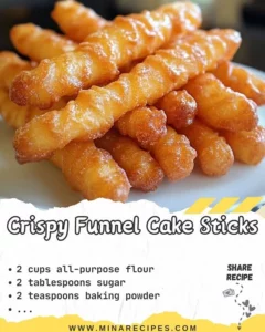 Crispy funnel cake sticks served with powdered sugar and dipping sauce
