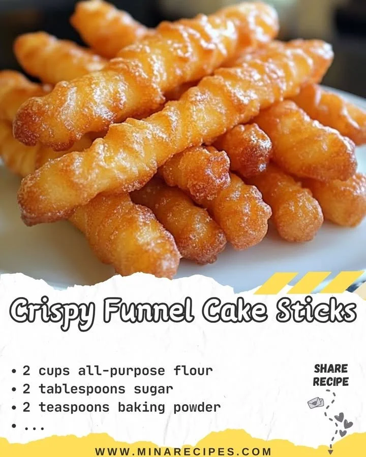 Crispy funnel cake sticks served with powdered sugar and dipping sauce