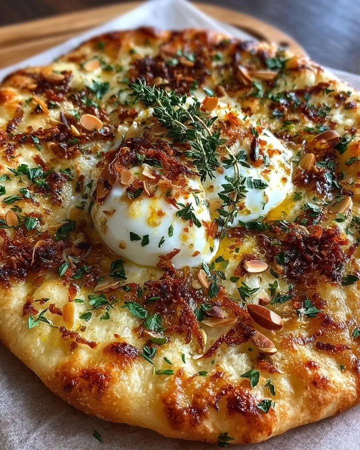 Crispy garlic flatbread topped with warm burrata, lemon honey, and toasted almonds.