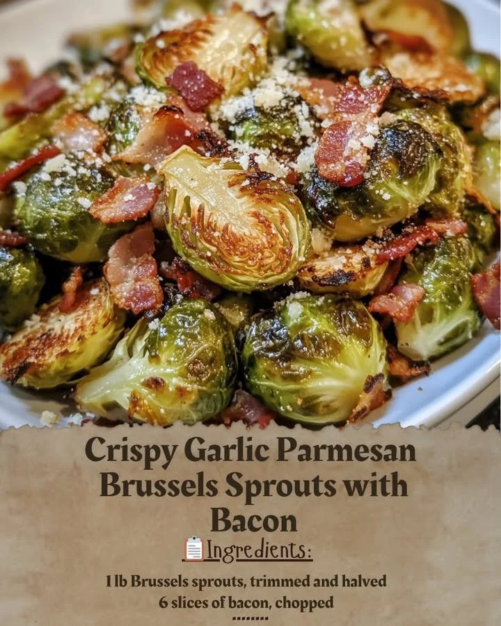 Crispy garlic Parmesan Brussels sprouts topped with bacon