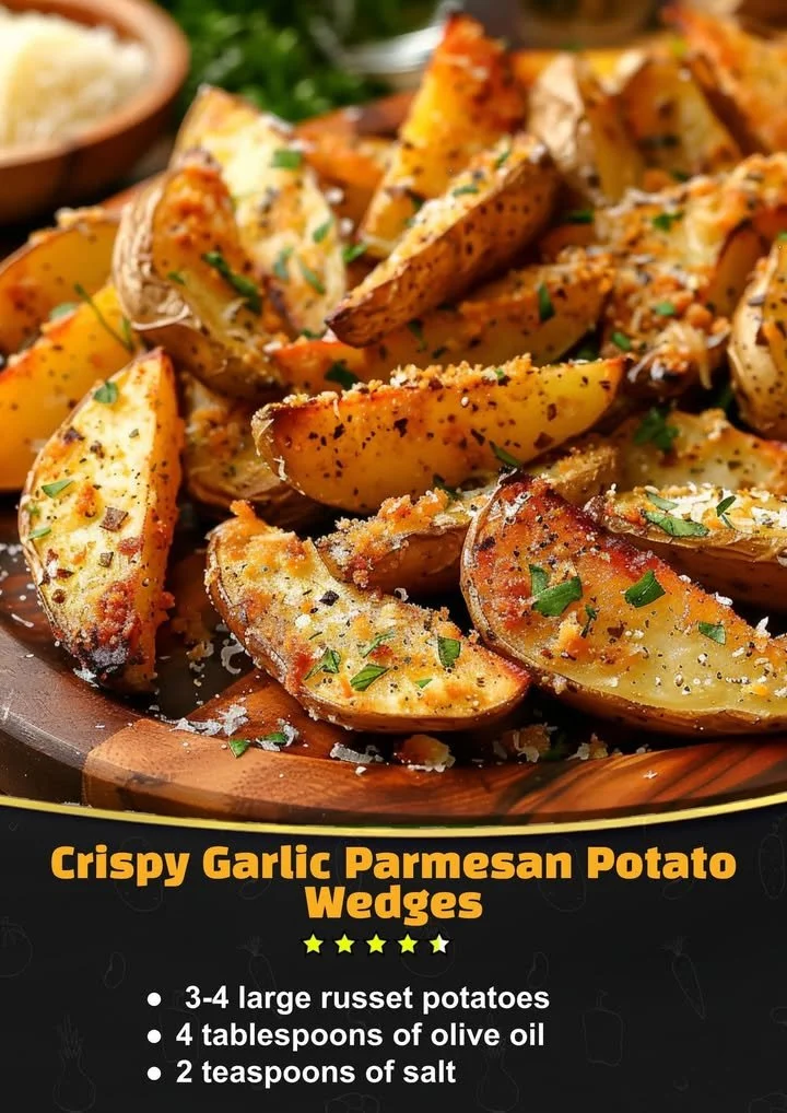 Crispy garlic parmesan potato wedges served in a bowl