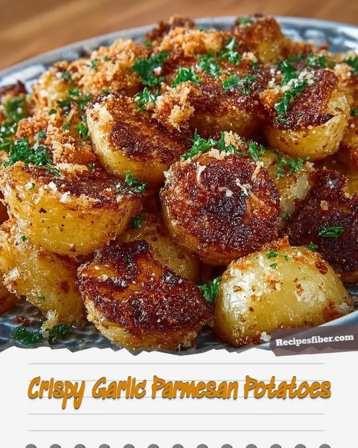 Plate of crispy garlic parmesan potatoes garnished with herbs