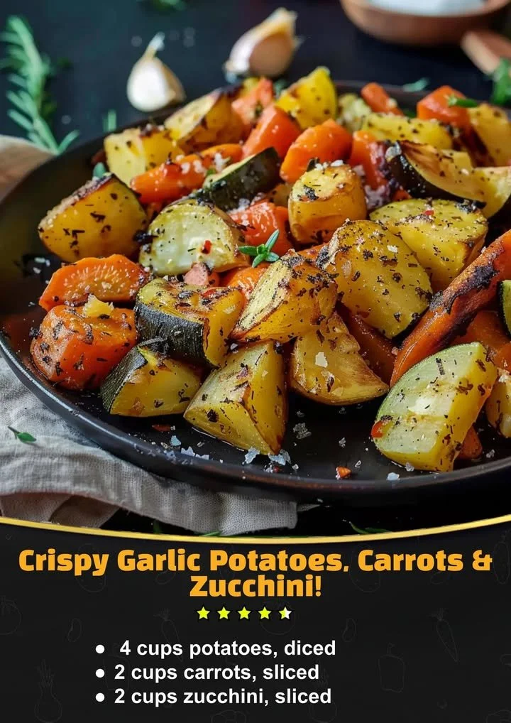 Bowl of Crispy Garlic Potatoes, Carrots, and Zucchini on a wooden table