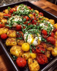 Crispy gnocchi dish with burst tomatoes, burrata cheese, and basil oil