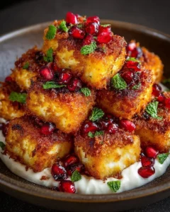 Crispy Halloumi Bites served with pomegranate-honey glaze and mint-yogurt dip