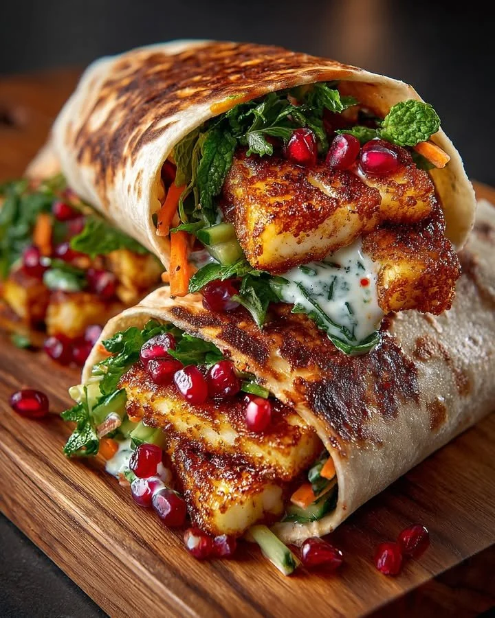 Crispy Halloumi Crunch Wraps with Pomegranate and Mint Yogurt on a plate