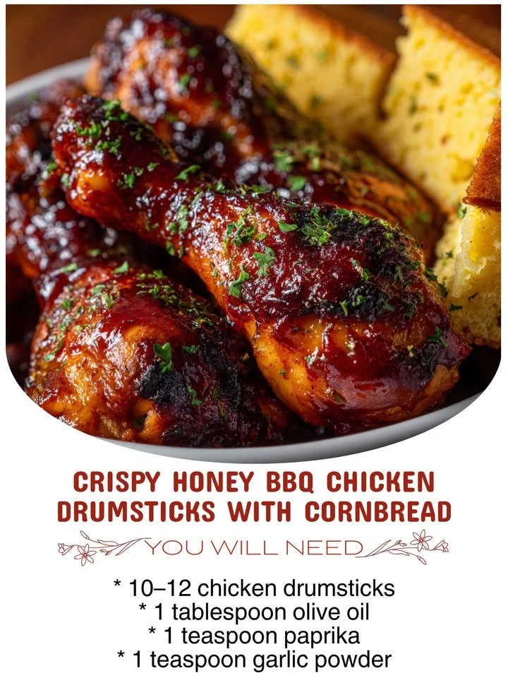 Crispy honey BBQ chicken drumsticks served with cornbread on a wooden table