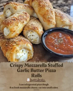 Crispy mozzarella stuffed pizza rolls with garlic butter glaze