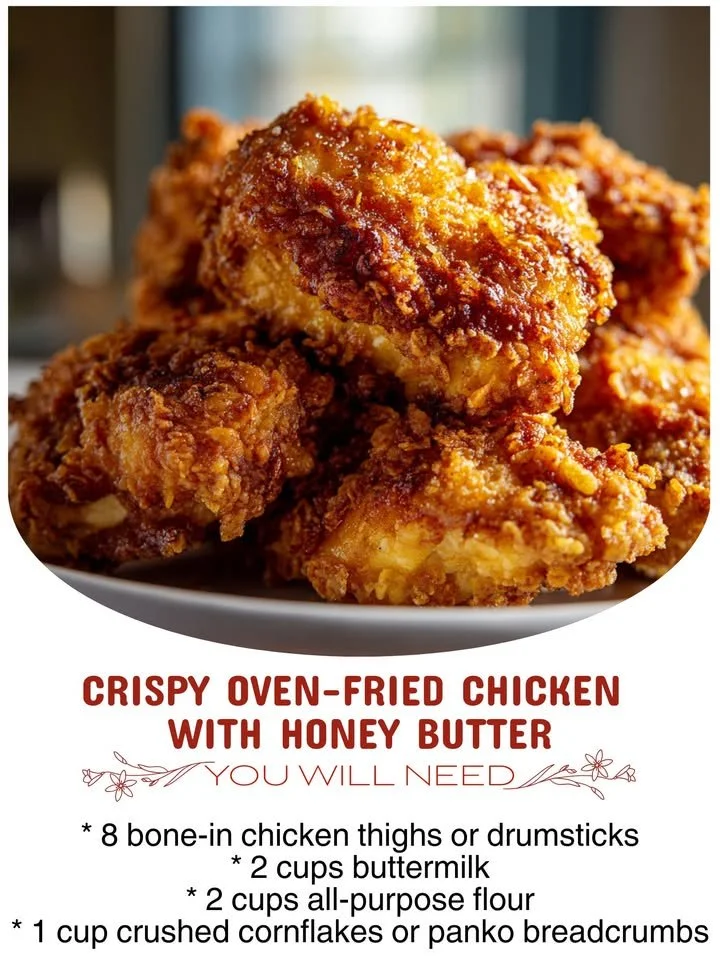 Crispy oven-fried chicken drizzled with honey butter on a plate