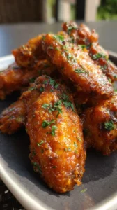 Crispy Parmesan Chicken Wings served on a plate with herbs