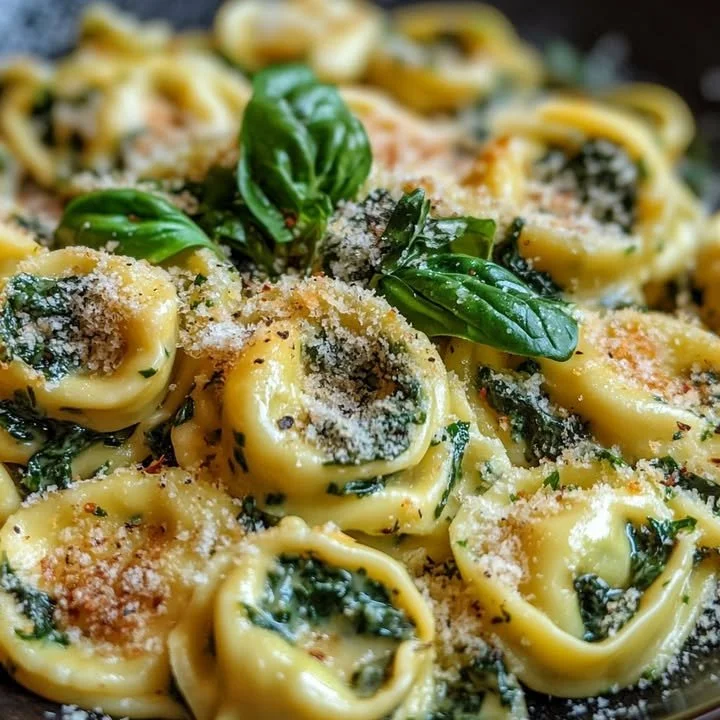 Crispy parmesan tortellini served with fresh spinach
