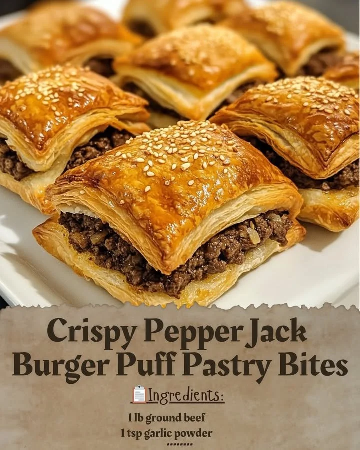 Crispy Pepper Jack Burger Puff Pastry Bites served on a platter.