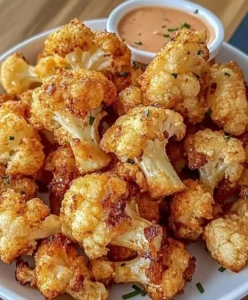 A plate of crispy roasted cauliflower with seasonings and herbs