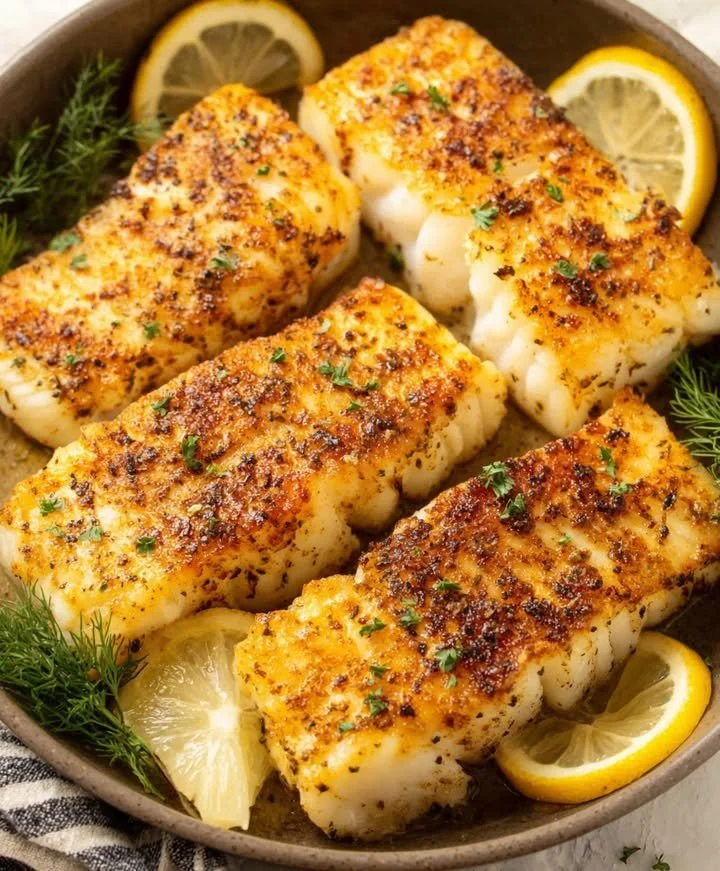 Crispy seared white fish served with herb-lemon butter glaze