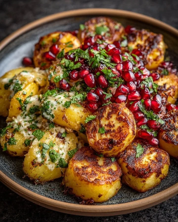 Crispy smashed halloumi potatoes with pomegranate and mint butter topping