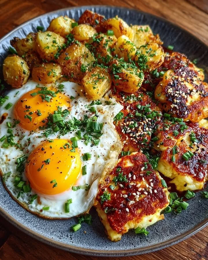 Crispy smashed potato and halloumi skillet with fried eggs and drizzle