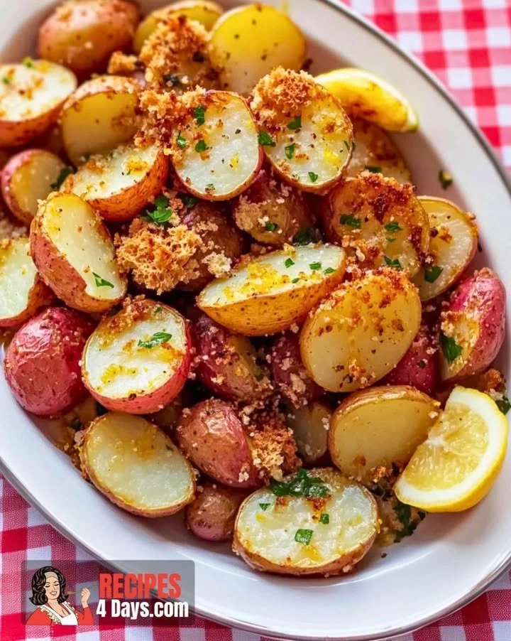 Crispy sourdough crumb potatoes garnished and ready to serve.