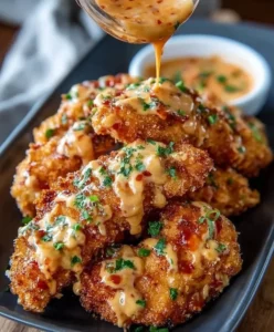 Crispy, spicy chicken tenders served with dipping sauce on a plate.