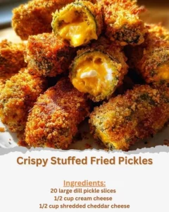Crispy stuffed fried pickles ready to be served as a delicious appetizer.