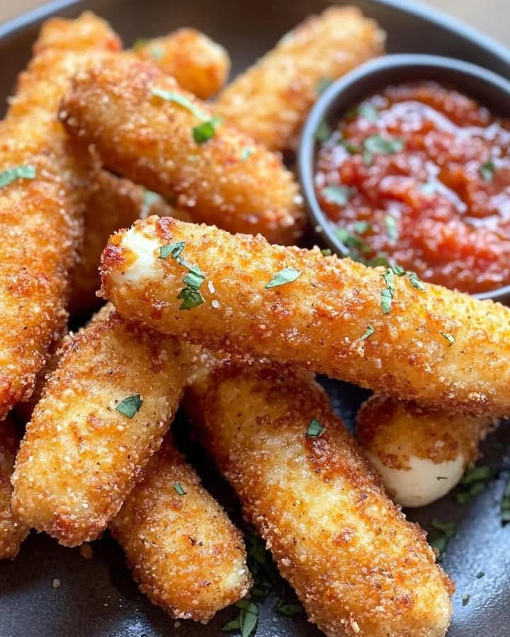 Crispy stuffed halloumi fries with harissa yogurt dip on a plate