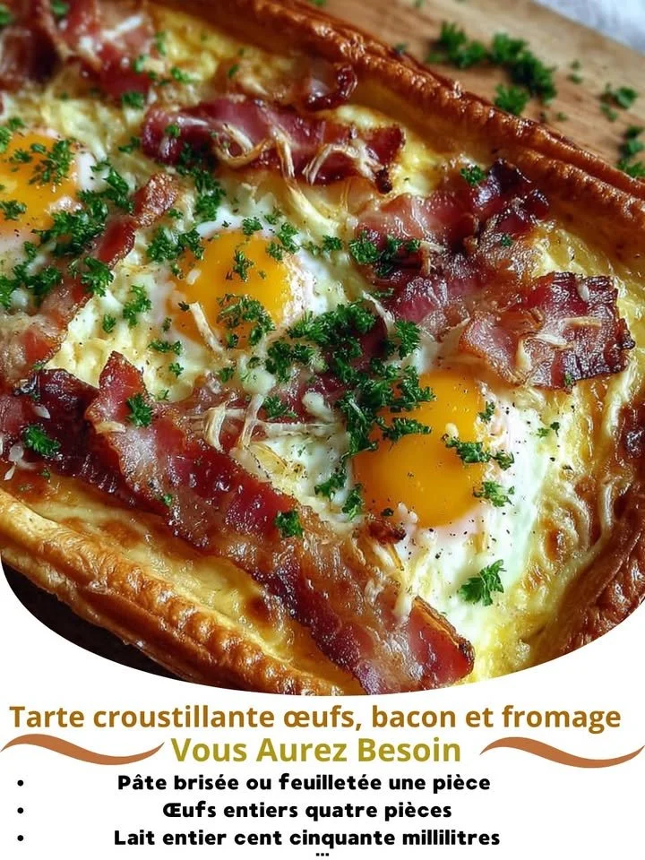 Crispy tart with eggs, bacon, and cheese