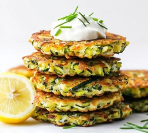 A plate of crispy zucchini fritters, golden brown and garnished with herbs.