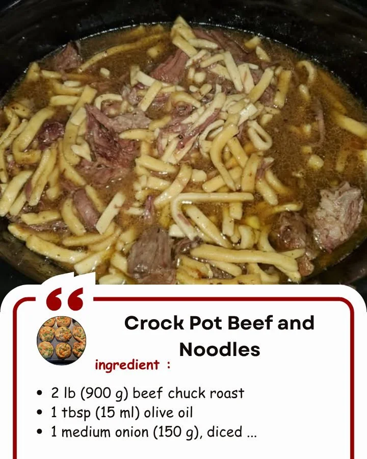 Crock Pot Beef and Noodles dish with tender beef and noodles in a savory sauce.