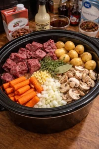 Delicious Crock Pot beef stew simmering in a rustic pot
