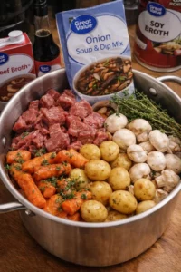 Crock pot beef stew featuring French onion pot roast flavors in a cozy dish